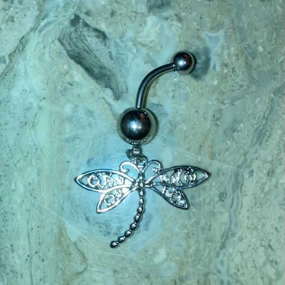Sturdy & shiny 3/4” Dragonfly. 2” Stainless steel BELLY RING.Surgical steel bar.